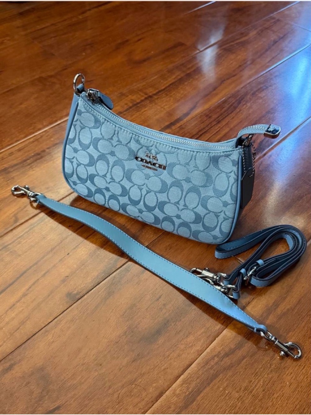 Coach Light Blue Signature Canvas Crossbody Bag with Gold Hardware